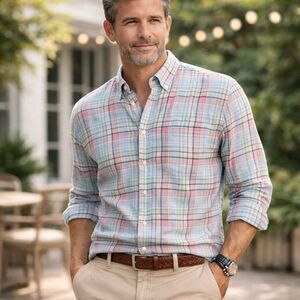 Brooks Brothers Mens Medium All Irish Linen Button Down Shirt Pastel Plaid